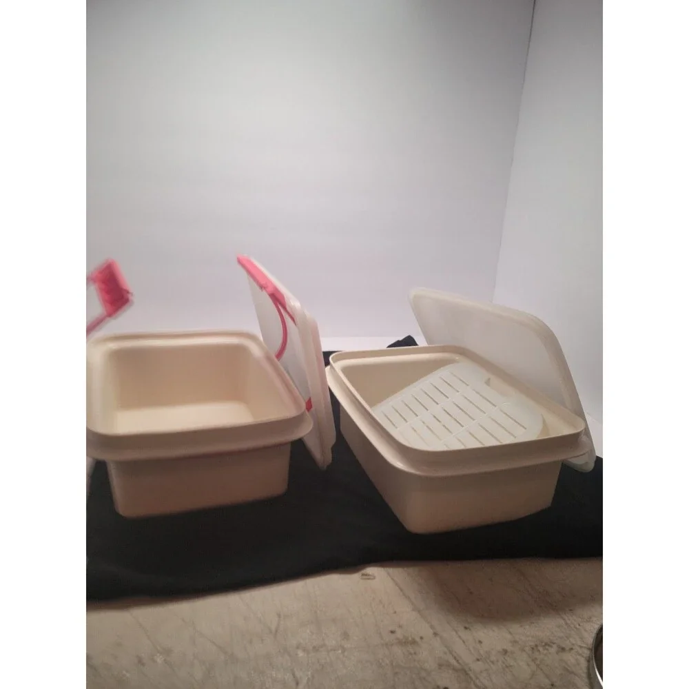 Vtg Tupperware Beige Plastic Food Storage Container Set Of 2, 3.5L W/handle